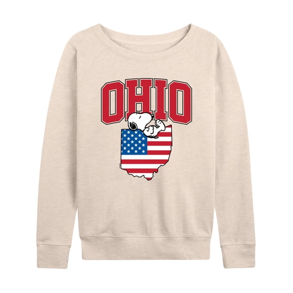 Peanuts - Ohio Snoopy Women's Lightweight French Terry Wide Neck Long Sleeve Graphic Shirt