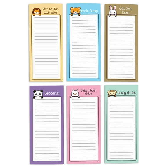 Inkdotpot Pack of 6 Funny Magnetic Dry Erase List For Fridge, Wipe Clean w/ NoStain, Quick Notes Shopping & Grocery List Whiteboard for Fridge, 8.75" x 3.8"(Cute Animals)