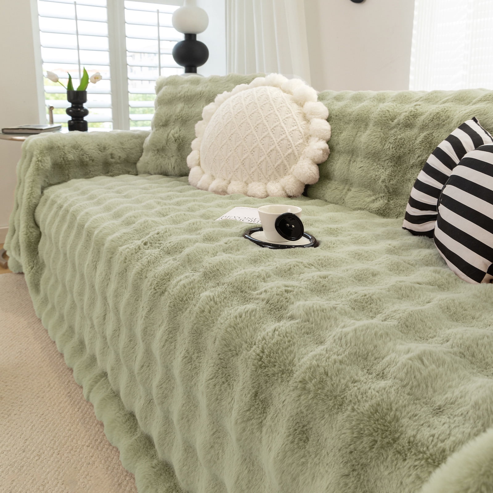 WOOW DEPOT Warm Faux Rabbit Fur Sofa Cover Machine Washable, Thick Throw Blanket L Shape Slipcover for 2 - 3 Cushion Couch, Green 71"x118"