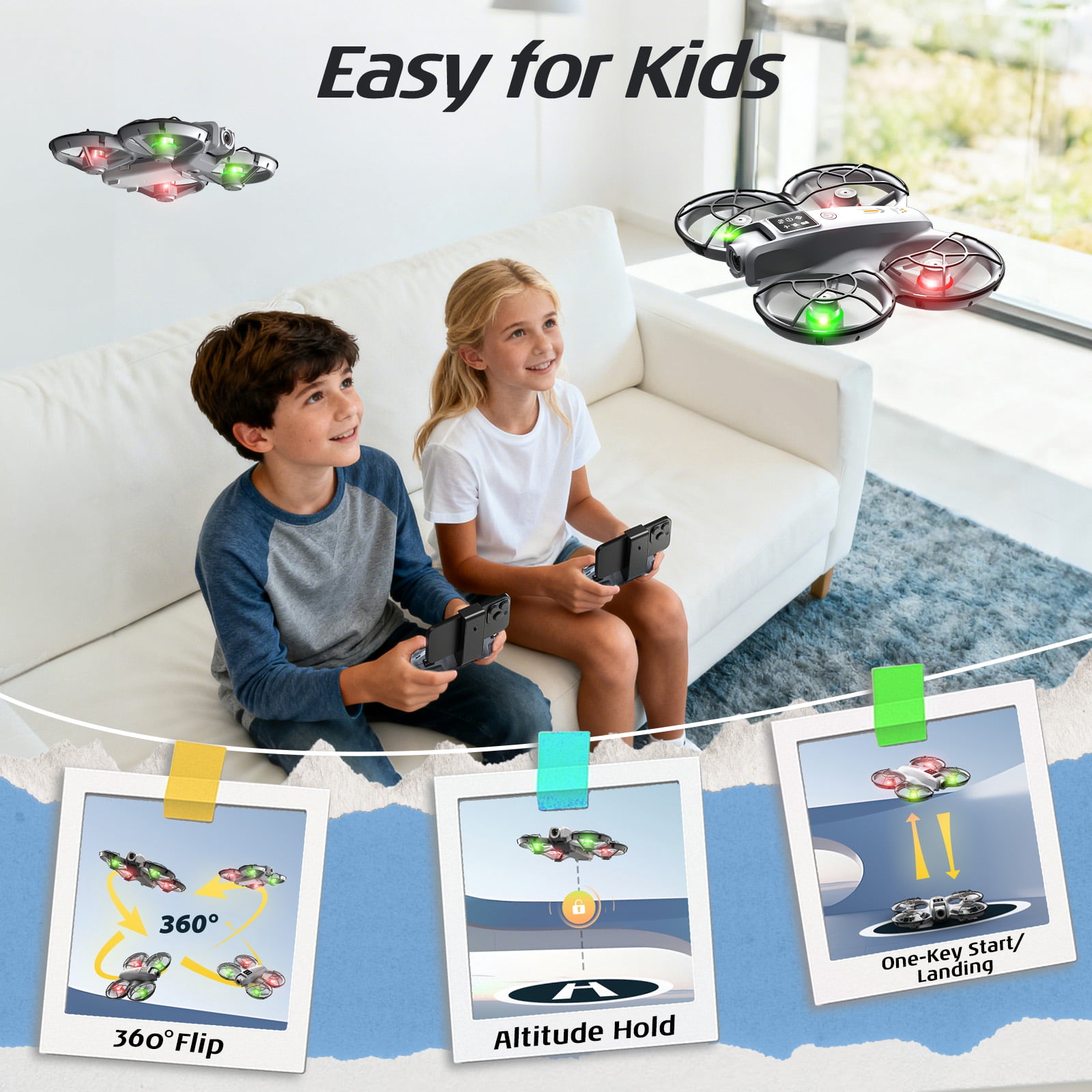 Wefone M2 Drones with Camera for Kids, One-Key Takeoff and Landing, 360° Flip, Headless Mode, Optical Flow Hover, Brushless Motor, 2 Batteries, Gray