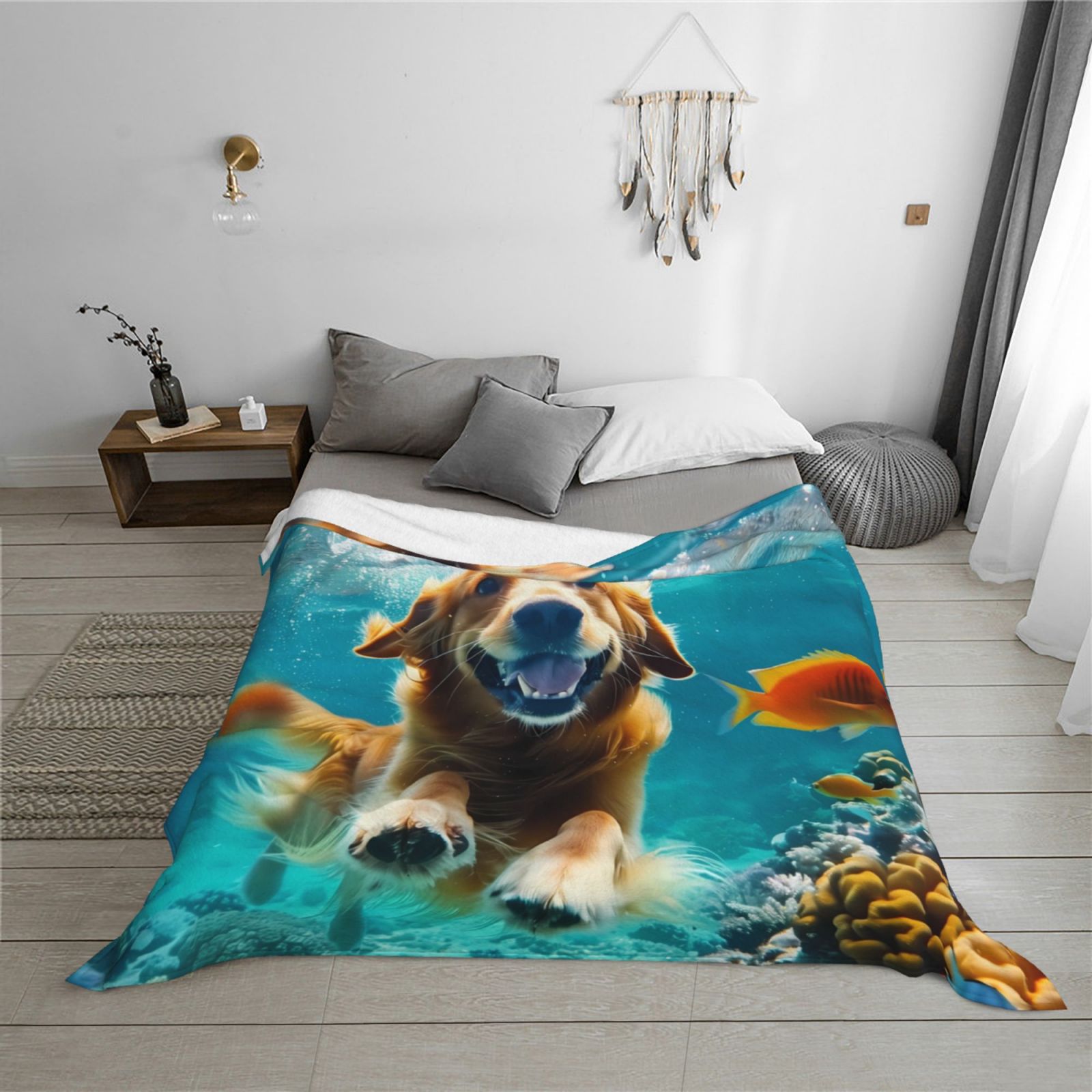 Throw Blanket for Couch - Dog Underwater Adventure Soft Comfy Lightweight Cozy Warm Throw Blanket, Fuzzy Plush Flannel Blanket & Throws for Sofa and Bed All Season