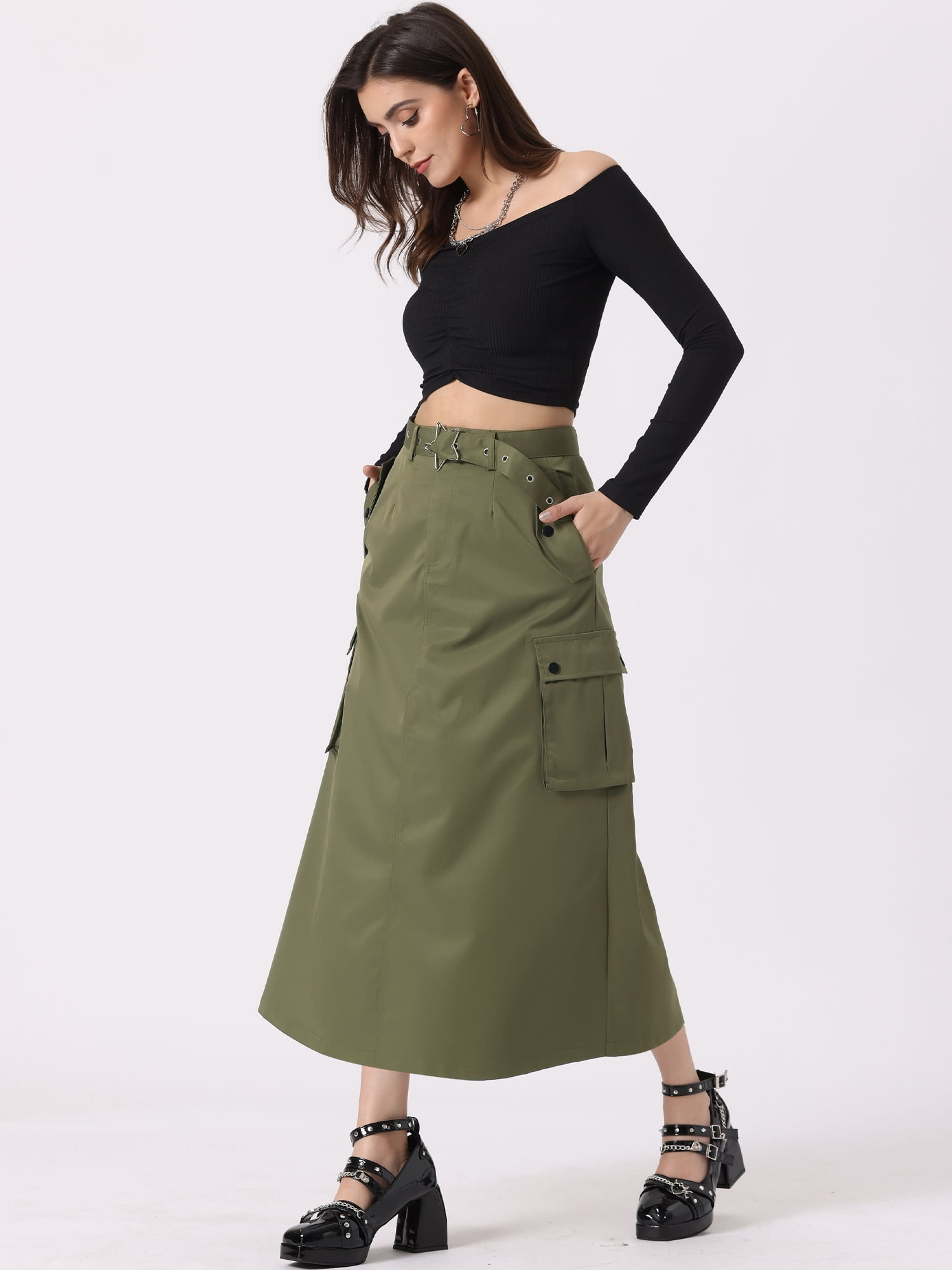 DARING DIVA Women's Stylish Versatile Y2K Cargo Long Skirt Vintage Streetwear S Army Green