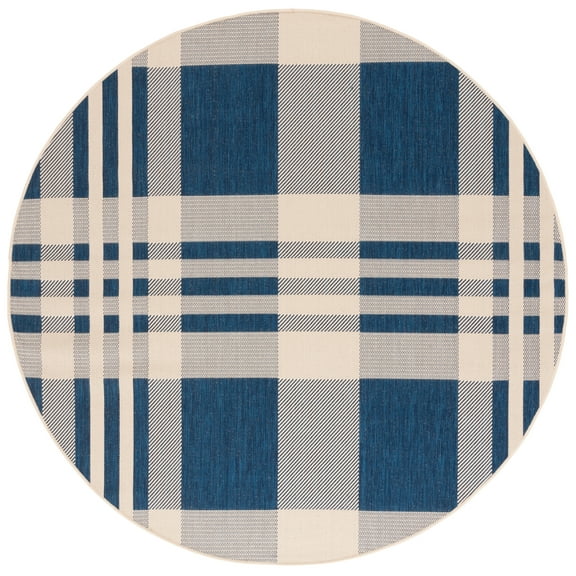SAFAVIEH Courtyard Benjamin Plaid Indoor/Outdoor Area Rug, Navy/Beige, 4' x 4' Round