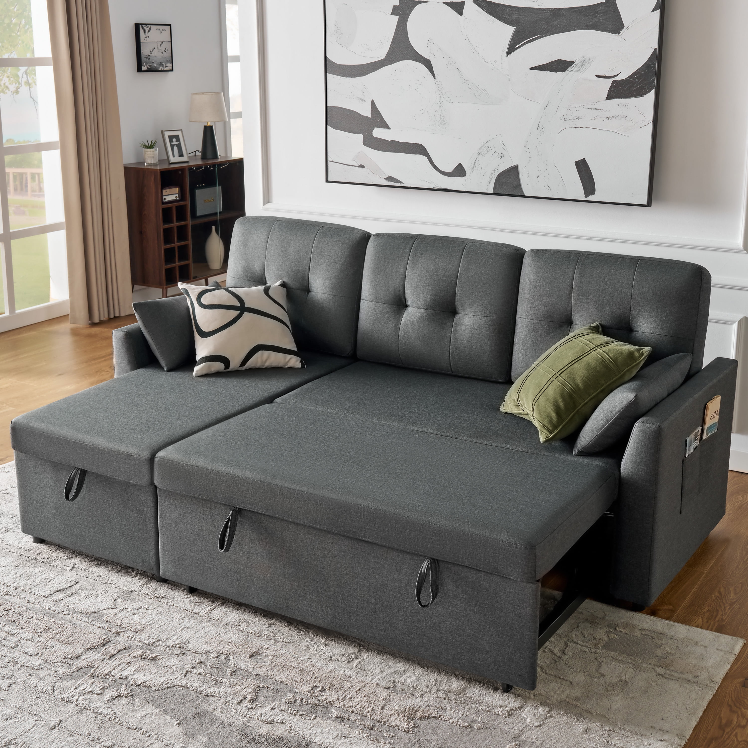 MERLUXY 84" Sofa Bed, Reversible Pull Out Couch with Storage Chaise for living Room, 3 Seater, Gray