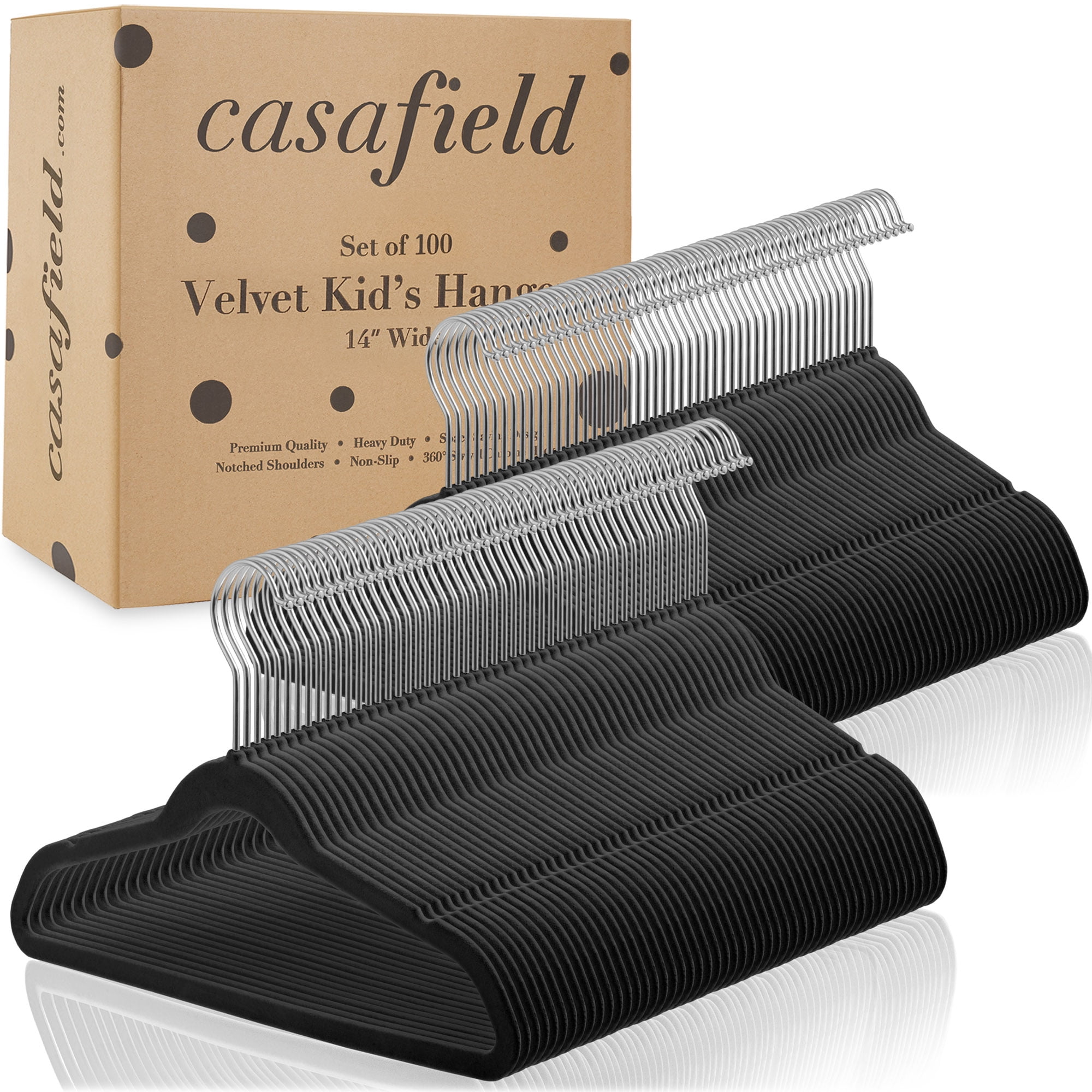 Casafield 100 Velvet Kid's Hangers for Children's Clothes, 14" - Black