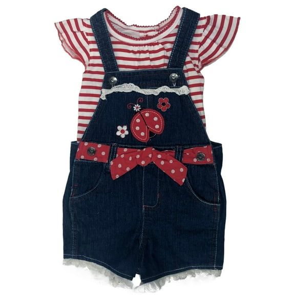 Infant Girls Blue Denim Ladybug Baby Outfit Shirt & Shorts Overalls Set 24m