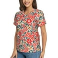 thumbnail image 2 of Vsdgher Small Coral Red Flowers Women Shirts V Neck Short Sleeve Tops T-Shirt Basic Tees, S to 3XLLarge, 2 of 5