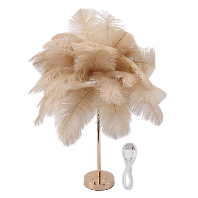 Lámpara de mesa decorativa con 30 plumas, recargable por USB, control táctil, color camello