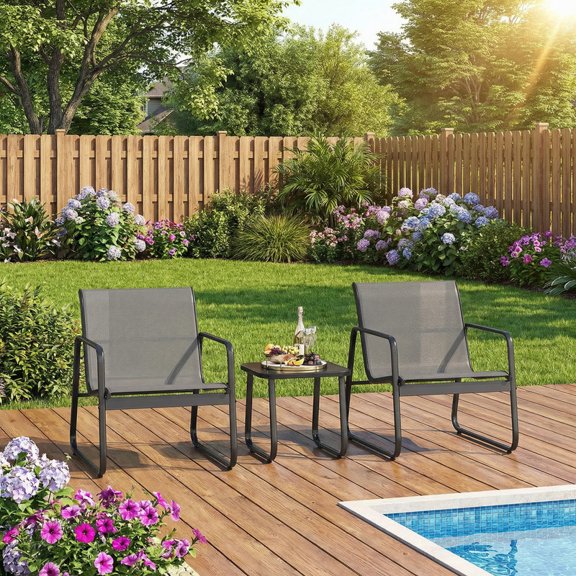 3-Piece Outdoor Patio Furniture Set, Modern Textilene Conversation Set with Coffee Table, All-Weather Bistro Set for Lawn, Balcony, Backyard, and Porch, Gray