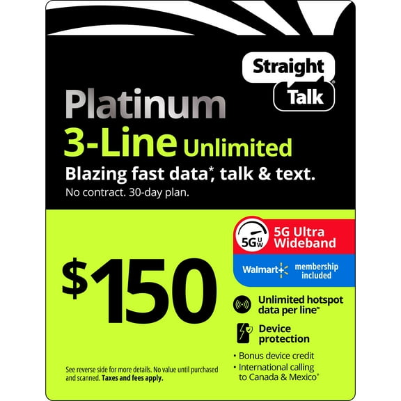 Straight Talk $150 Platinum 3-Line Unlimited 30-Day Prepaid Plan, Device Protect, Unlimited Hotspot Data, 100GB Cloud Storage & Int'l Calling e-PIN Top Up (Email Delivery)