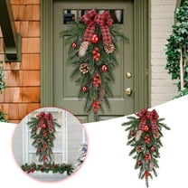 Christmas Pine Swag 21.6 Inch with Red Berries & Bow - Artificial Teardrop Christmas Garland for Door, Staircase, Wall Decor Indoor Outdoor Winter Holiday Decoration