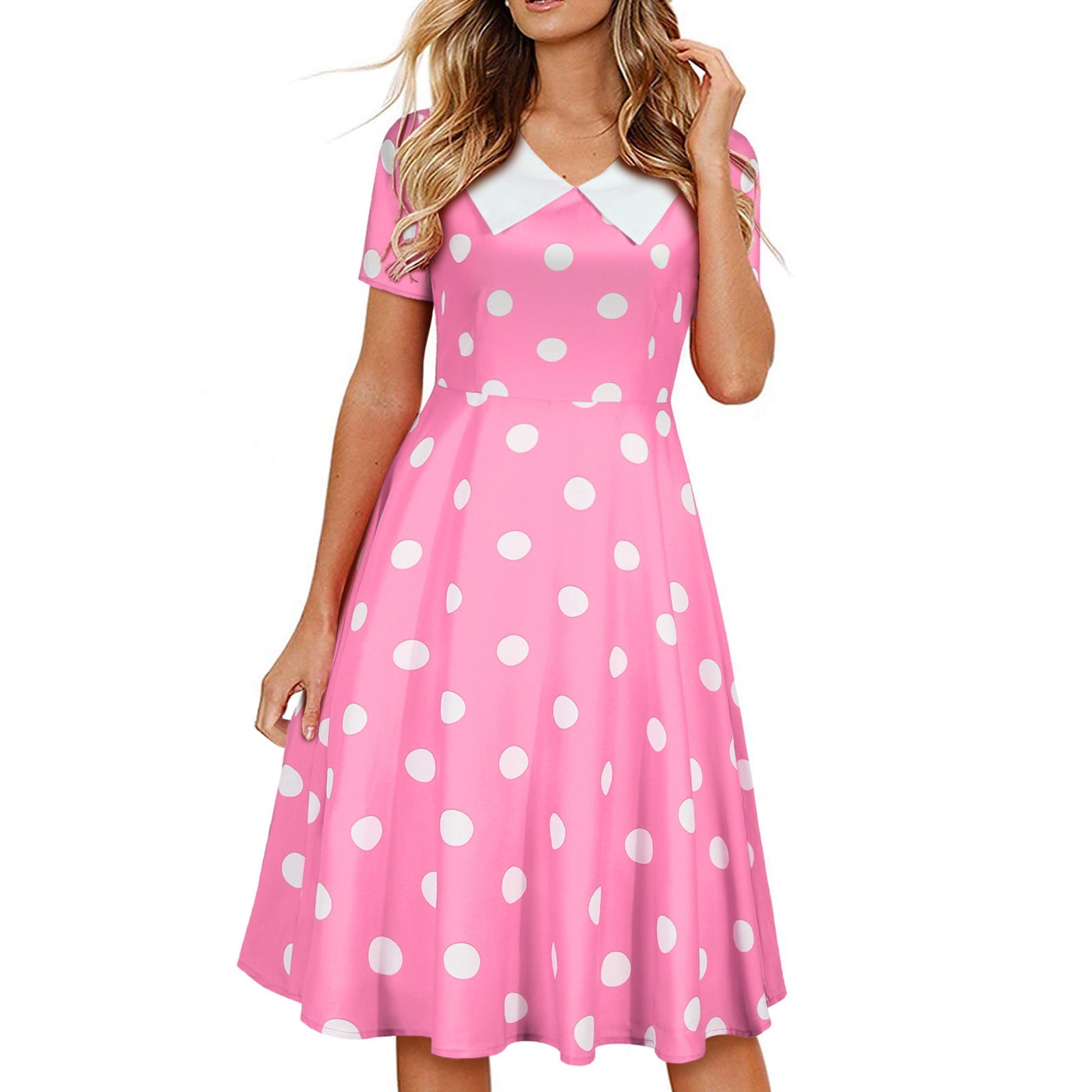 safuny Women's Tea Length A Line Dress Polka Dot Round Neck Elegant High  Waist Retro Prom Party Trendy Dresses Holiday Short Sleeve Pink M -  Walmart.com