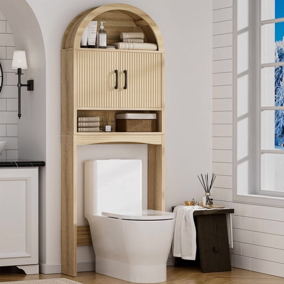 AHB Over Toilet Storage Cabinet with Doors and Shelves, Freestanding Bathroom Space Saver Organizer, 7.72"L x 23.7"W x 69.06"H, Wood Color