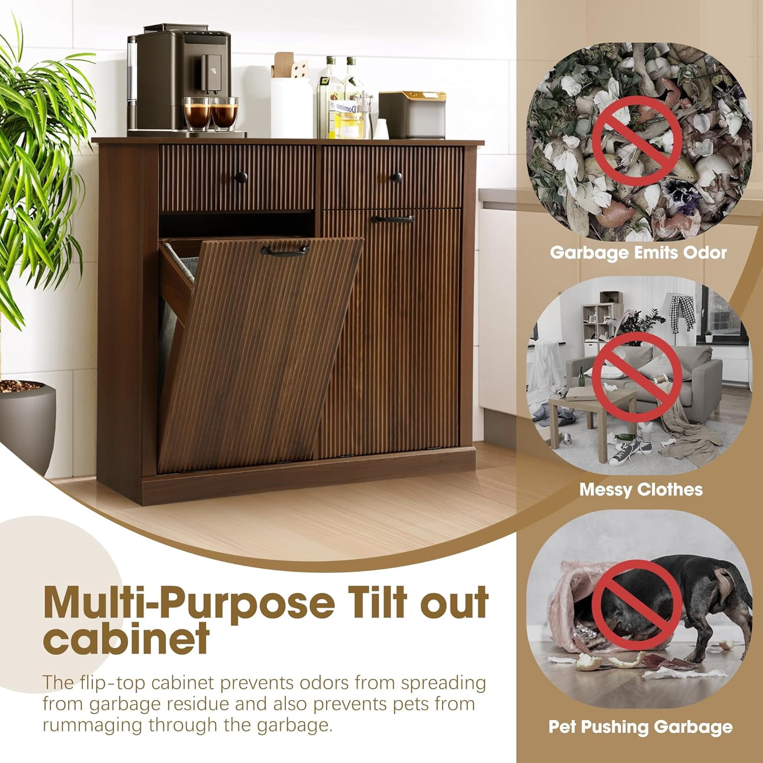 Magic Union Tilt Out Fluted Laundry Hamper Cabinet, 22 Gallon Double Hidden Laundry Hamper, Wooden Trash Can Cabinets with 2 Drawers, Modern Garbage Can Cabinet for Bathroom, Kitchen