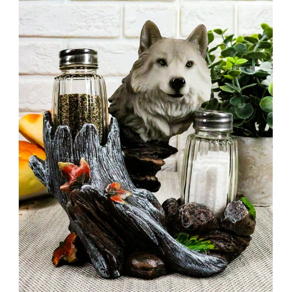 Ebros Full Moon Lone Alpha Gray Wolf Glass Salt & Pepper Shakers Holder Decor