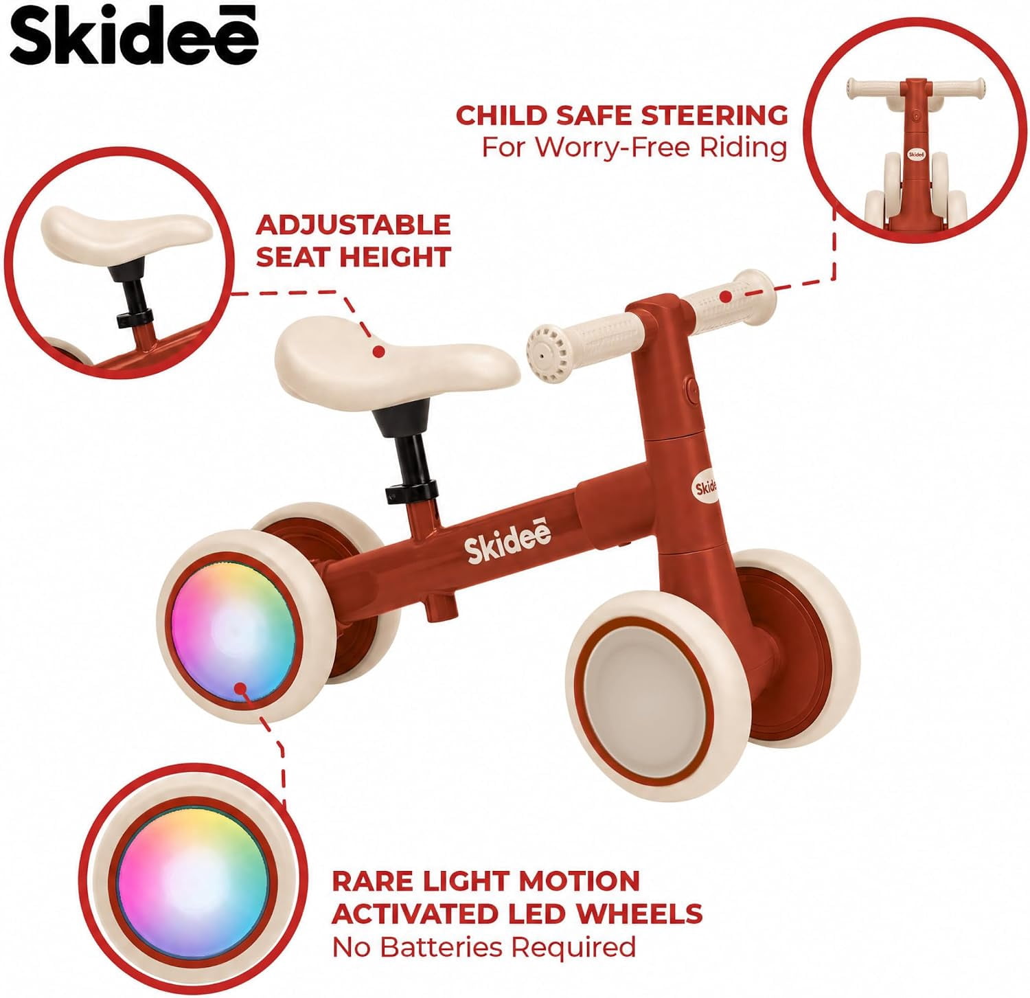 Skidee Toddler Balance Bike 1-3, 4-Wheel Balance Bike with Rare Light-Motion-Activated LED Wheels, Adjustable Height & Child Safe Steering, Lightweight Ride-On Toy Training Bike for Boys & Girls