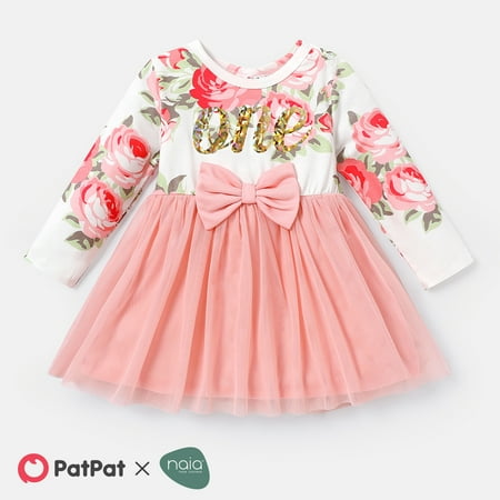 

PatPat Baby Girl Long Sleeves Casual Birthday Dress Floral Print Long-sleeve Bow Front Dress Gift