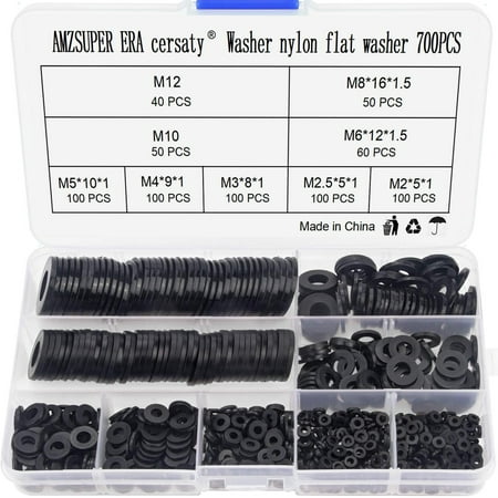 

700Pcs High Quality Black Nylon Washer Spacer Assortment Kit (M2 M2.5 M3 M4 M5 M6 M8 M10 M12) -With Box
