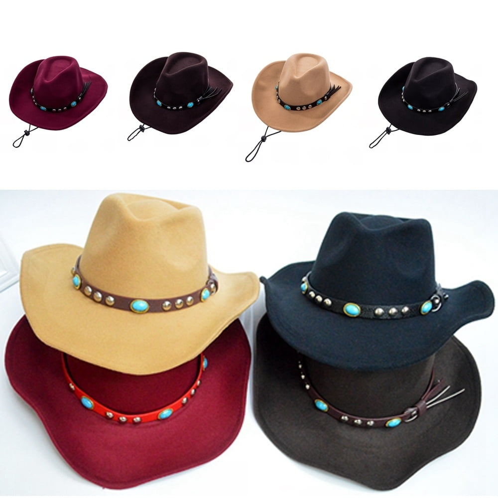 Men Women Solid Wool Cowboy Hat Western Sunhat Feather Band Wide Brim ...