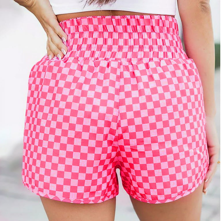JWZUY Women's Cute Pink Leopard Plaid Print Shorts High Waist Casual Summer  Shorts Hot Pink M