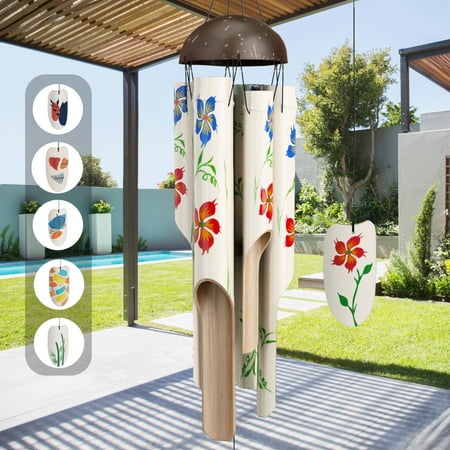 88Craft Jepuni Painting Bamboo Wind Chime Large Outdoor 45  Flower Handcrafted Deep Tone Calming Setting