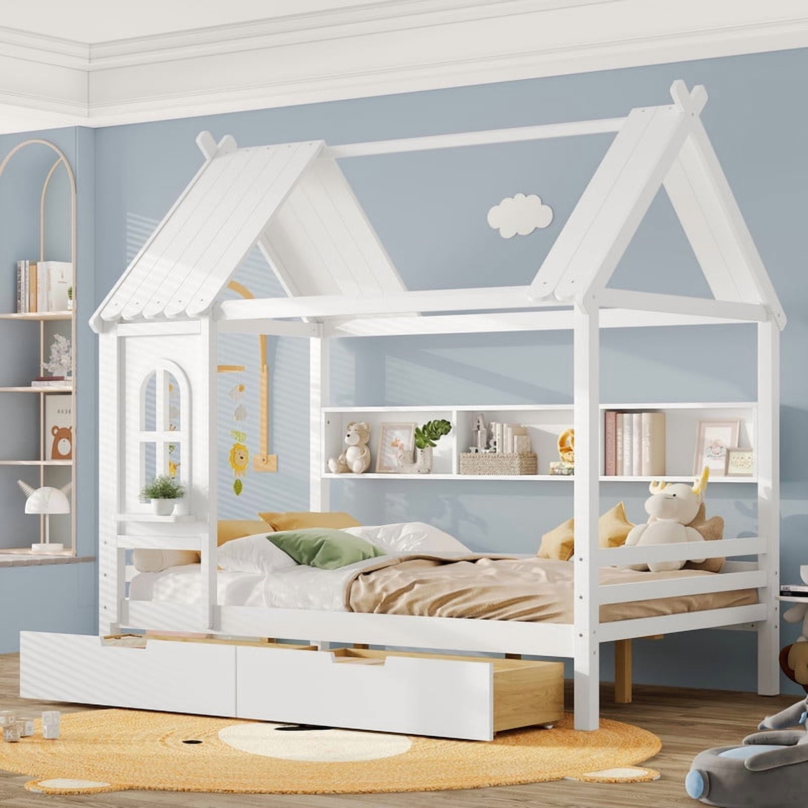Bellemave Full Size House Bed with Storage Drawers, Wooden Montessori Bed with Shelves and Fence Rails, Full Bed Frame with Window for Bedroom, No Box Spring Needed,White