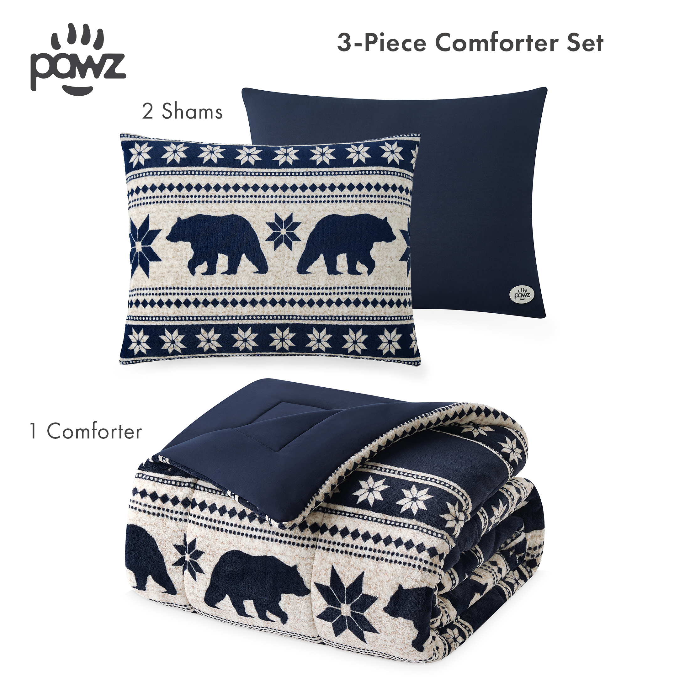 Pawz 3-Piece Fleece Comforter Set with Pillow Shams, Soft and Warm, Navy Blue Bears, King