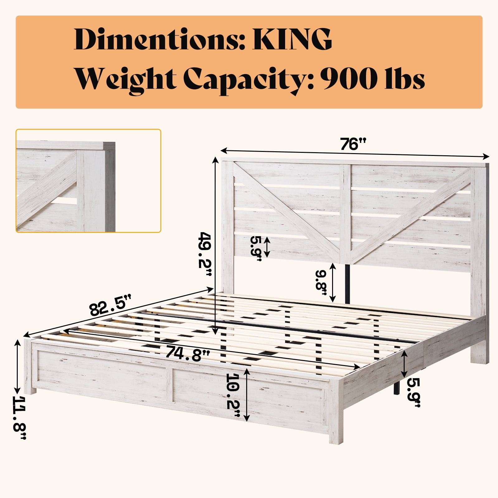 Merluxy King Size Farmhouse Bed Frame with Barn Door Headboard, Platform Bed Frame with Wood Slats, Under Bed Storage Space, Distressed White