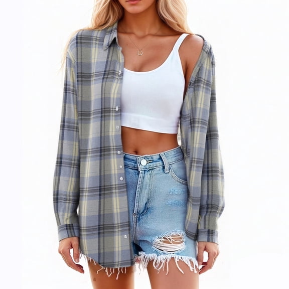 HOWPAY Plaid Shirts for Women Button down Long Sleeve Collared Classic Casual Tops Stretch Loose Fit Oversized Comfy Fall Clothes Sky Blue L