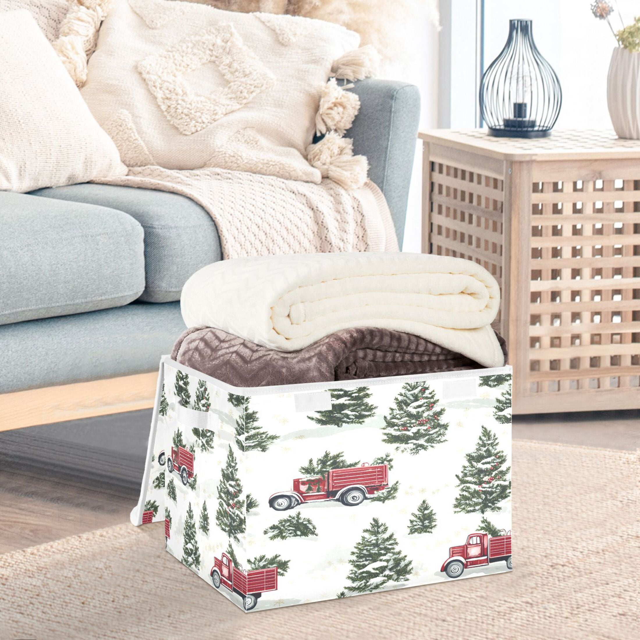 Ryvnso Christmas Tree on Truck Large Lidded Foldable Storage Baskets Cubes Boxes Lids Bin for Home