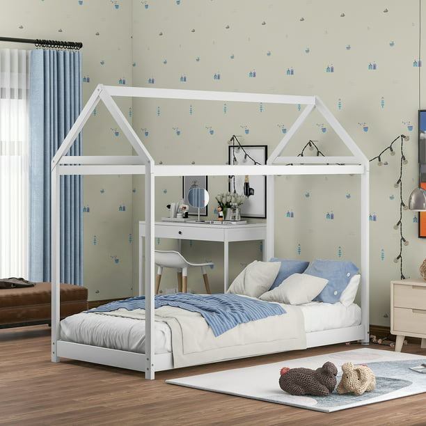 Respect Haast je Certificaat Euroco Twin Wood House Bed Frame with Roof for Toddler Kids, White -  Walmart.com