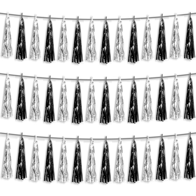Tassel Streamers Banner Hysilla, lámina negra y plateada, 9 m