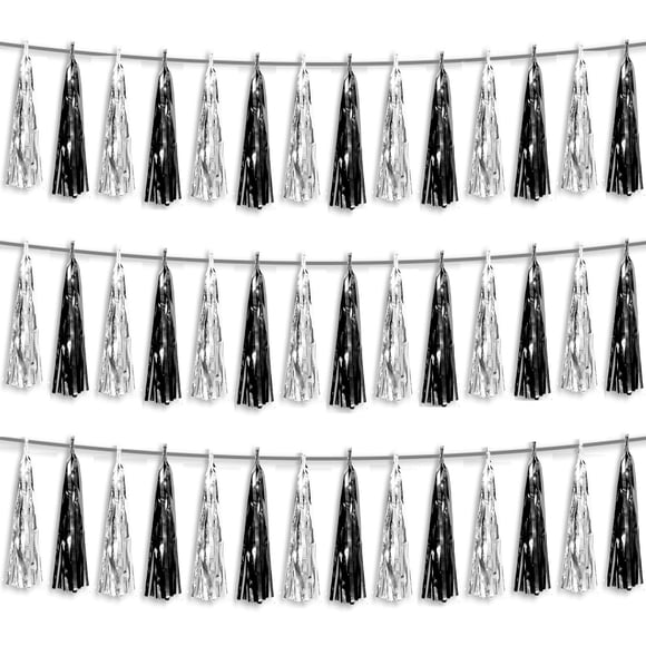 Tassel Streamers Banner Hysilla, lámina negra y plateada, 9 m