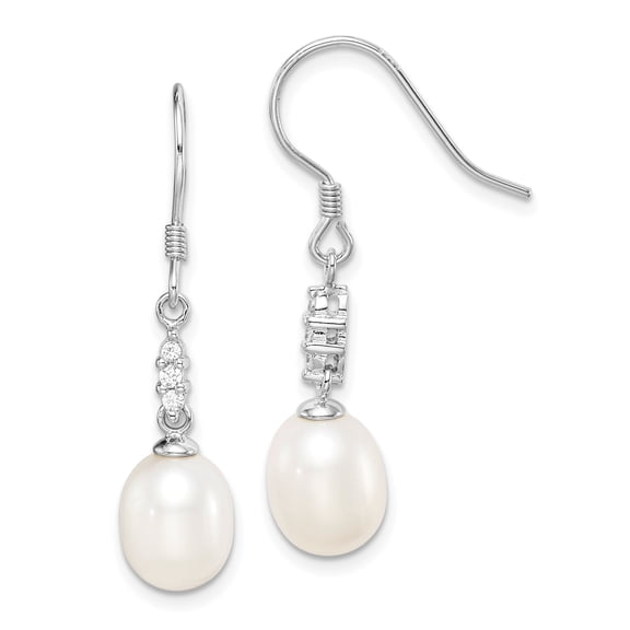 Primal Silver Sterling Silver Rhodium-plated 7-8mm White Rice Freshwater Cultured Pearl Cubic Zirconia Earrings