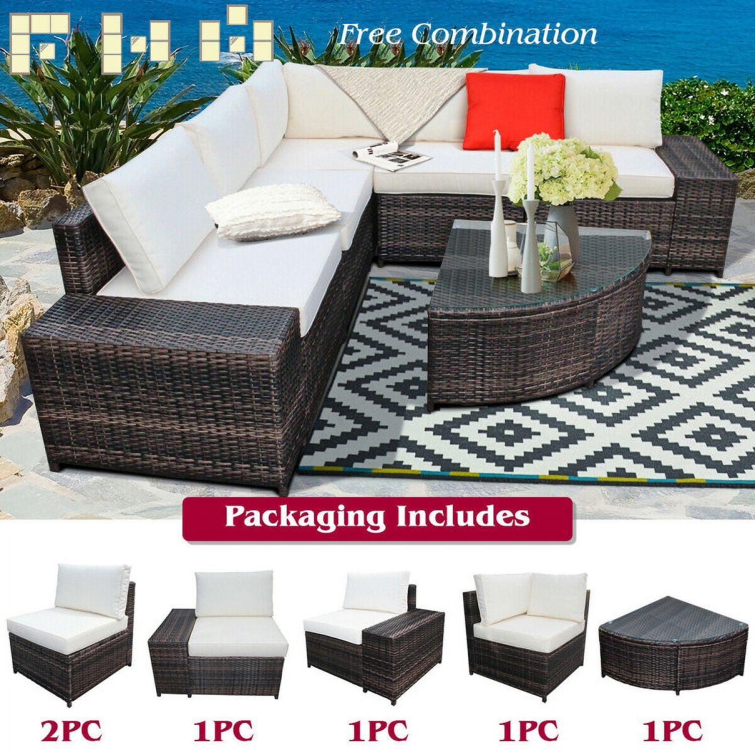 Aimee Lii 6 Piece Wicker Patio Sectional Sofa Set with Tempered Glass Coffee Table, Outdoor Deck Furniture, White