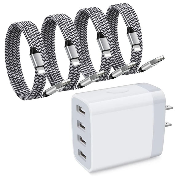 Compatible for iPhone Charger Block, 4 Port Charger Block Plug with 4 Pack 6ft USB Charging Cable, Multiport USB Wall Charger Adapter Plug Power Base Charging Station Compatible for iPhone, White