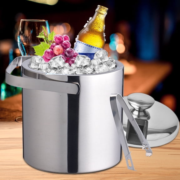 DENEST 1.3L Double-Wall Insulated Ice Bucket Stainless Steel Ice Cube Beverage Container Silver w/Ice Tongs   Lid
