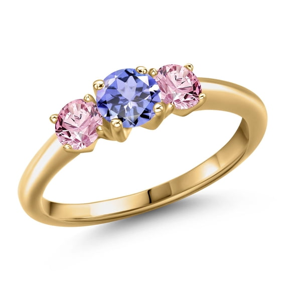Gem Stone King 18K Yellow Gold Plated Silver Blue Tanzanite and Pink Lab Grown Diamond Engagement Ring for Women | 0.96 Cttw | Round 5MM | Gemstone December Birthstone | Size 5