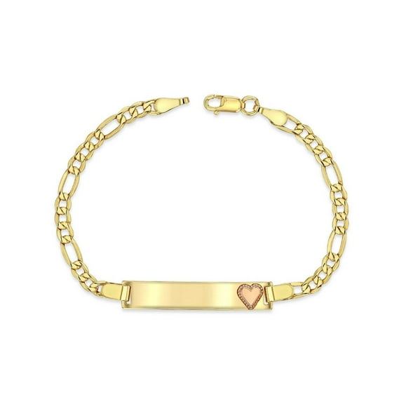 14K Yellow Gold 3.5 mm Figaro Chain Baby ID Bracelet w/ Rose Gold Heart, 3 gram