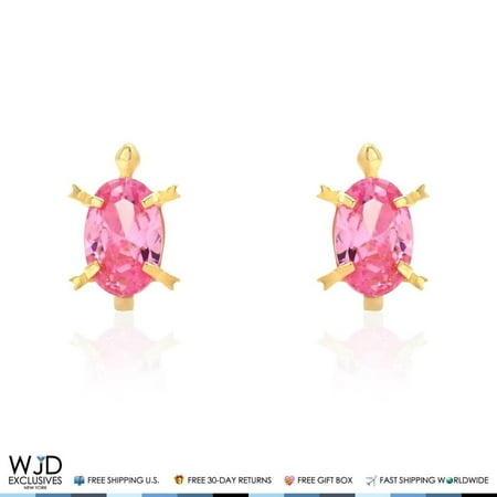 14K Yellow Gold Oval Pink Tourmaline Turtle Baby Screw Back Stud Earrings