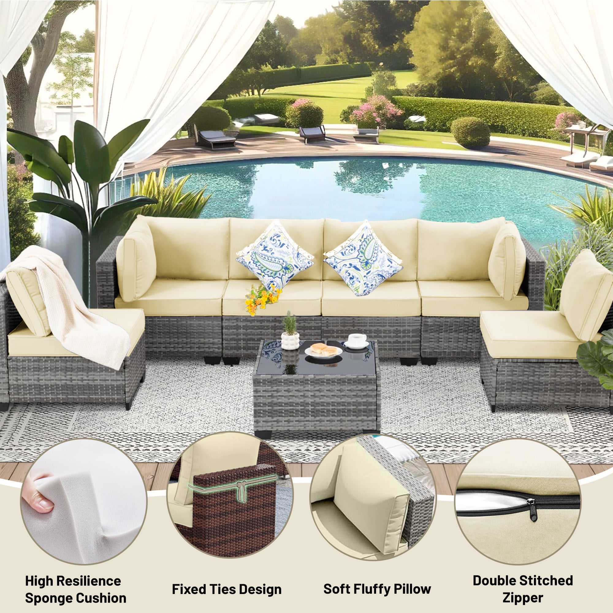 14 Piece Outdoor Replacement Cushions for Patio Furniture, Water-Repellent Outdoor Sectional Cushions for 6 Seat Sectional Patio Conversation Sets, Patio Sofa Cushions for Outdoor Couch