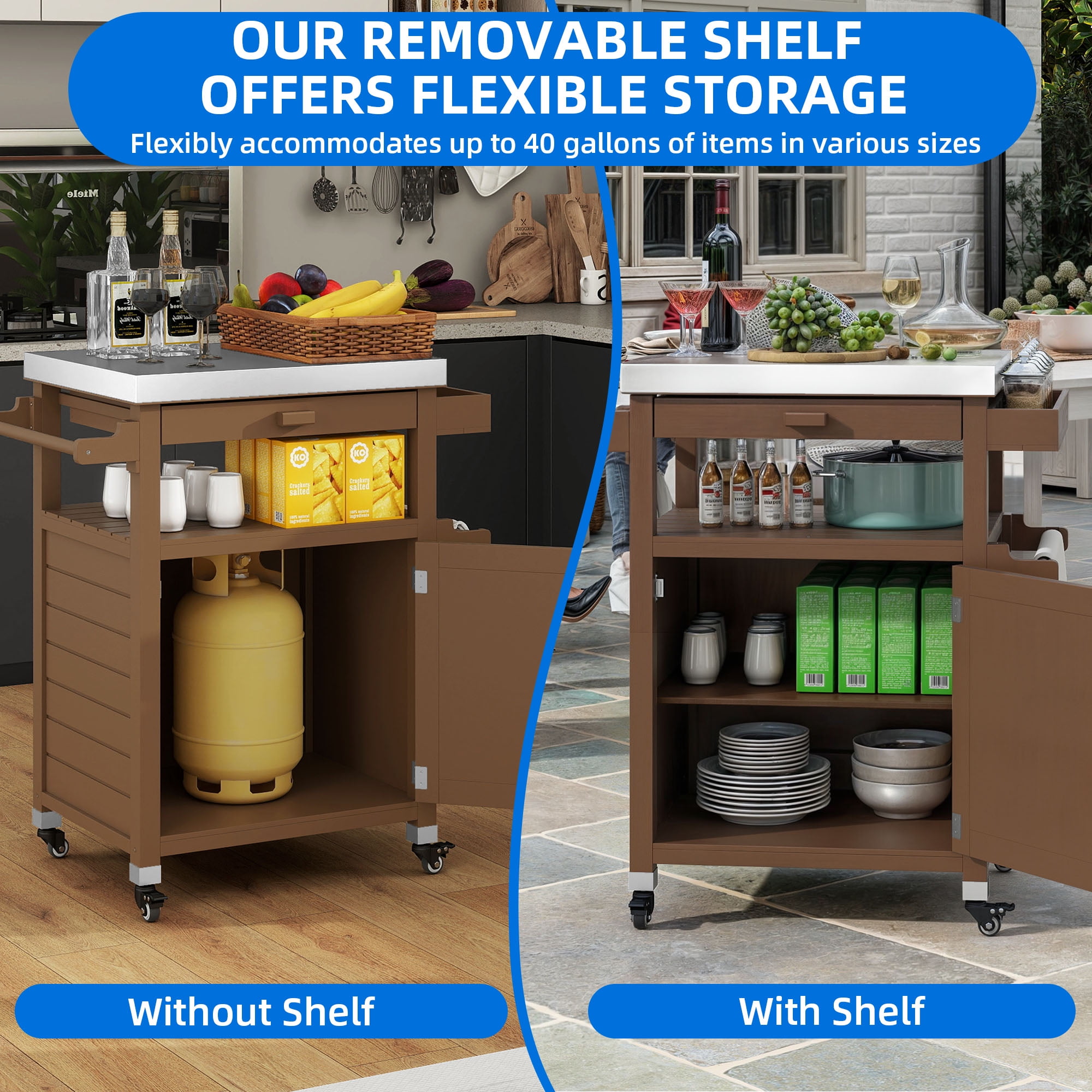 Uforic Wood Kitchen Storage Cart with Stainless Steel Top, Grill Cart for Outdoor & Indoor, Brown