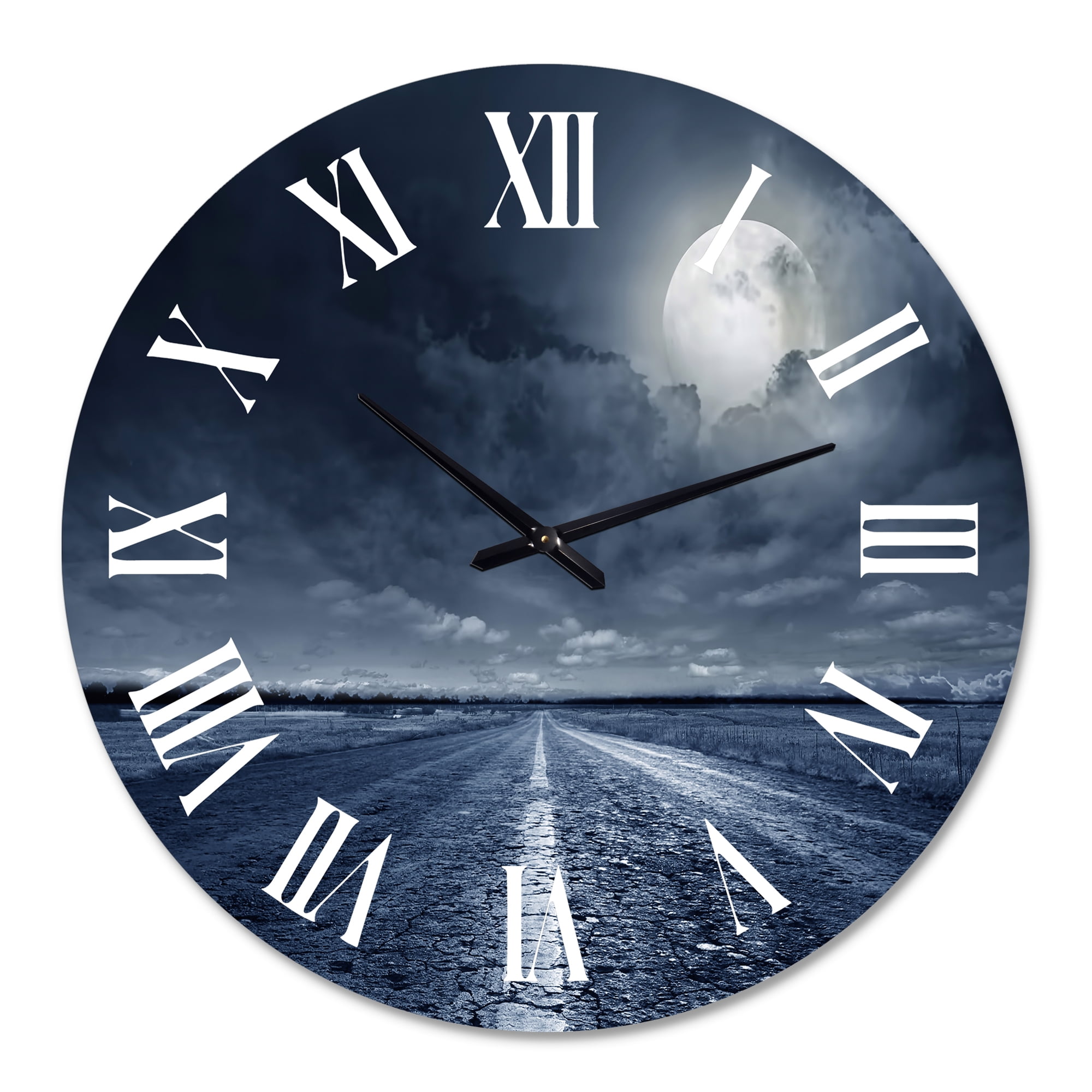 Designart 'Asphalt Road Under Cloudy Full Moon I' Nautical & Coastal Wall Clock