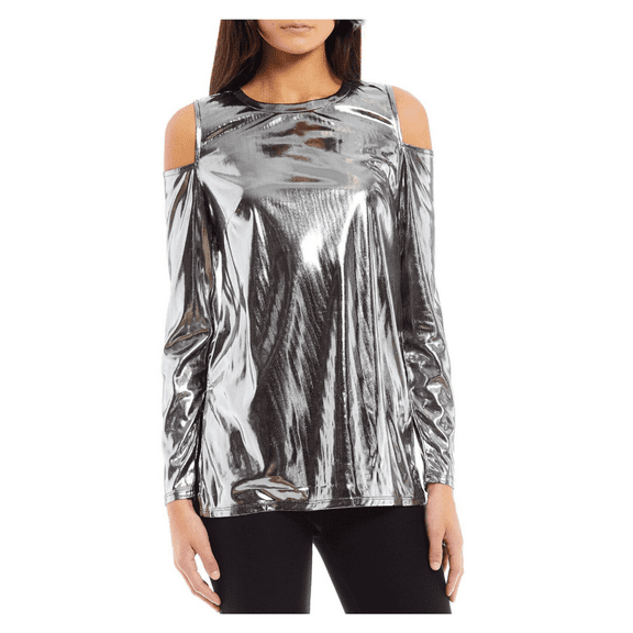 Michael Kors Women's Silver Metallic Crew Neck Long Sleeve Top S