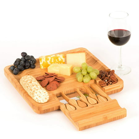 Prestigian Bamboo Cheese Board with Cutlery Set and Sliding Drawer, The Best Wood Charcuterie Platter for Meat and Cheese, Includes 4 Stainless Steel Knife and Serving Utensils, Nonslip