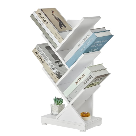 4-Shelf Tree Bookshelf, 4 Tier Floor Standing Bookcase for CDs/Magazine/Books, Small Book Organizer for Bedroom, Living Room, Office,Balcony,Retro Storage Shelves,White