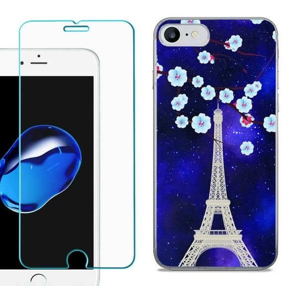 For Apple iPhone SE 2020 Case, Slim-Fit TPU Phone Case, with Tempered Glass Screen Protector, by OneToughShield ® - Eiffel Tower Stars
