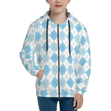 

Hoodies for Teen Girls Boys Blue and White Squares Long Sleeve Youth Kids Essentials Zip Up Hoodie Lghtweight Fashion Hoodies & Sweatshirts Jacket Fall Winter Outfits Tops