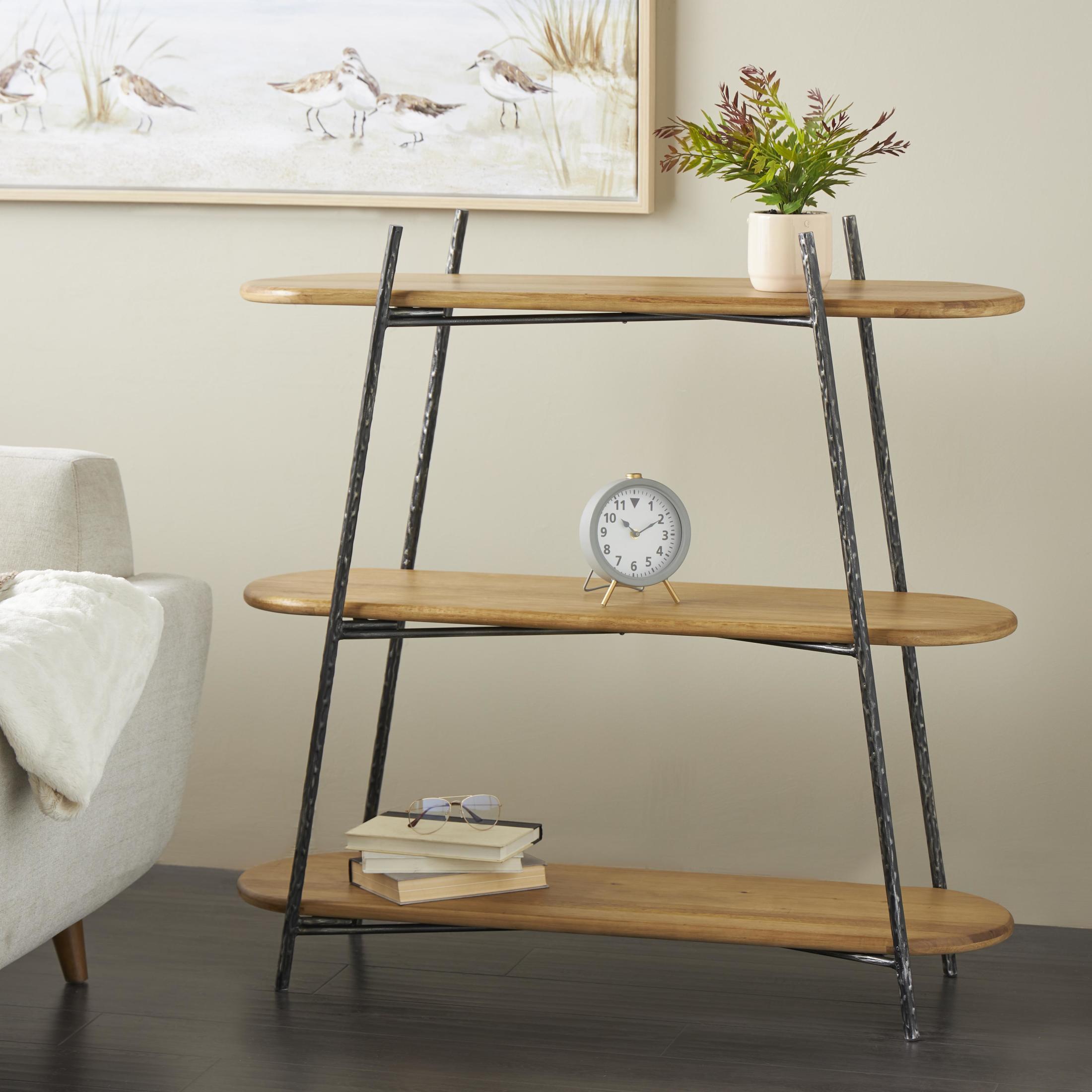 DecMode 43" x 42" Brown Wood Oval Shaped 3-Tier Shelving Unit with Black Metal Frame, 1-Piece
