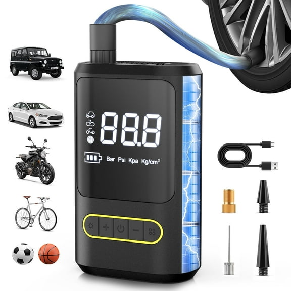 Tire Inflator Portable Air Compressor, Air Pump for Car Tires - Car Accessories, 150PSI Cordless Bike Tire Pump with Digital Pressure Gauge, LED Light&Auto Shut-off for Car, Motorcycle, Bicycle,Balls
